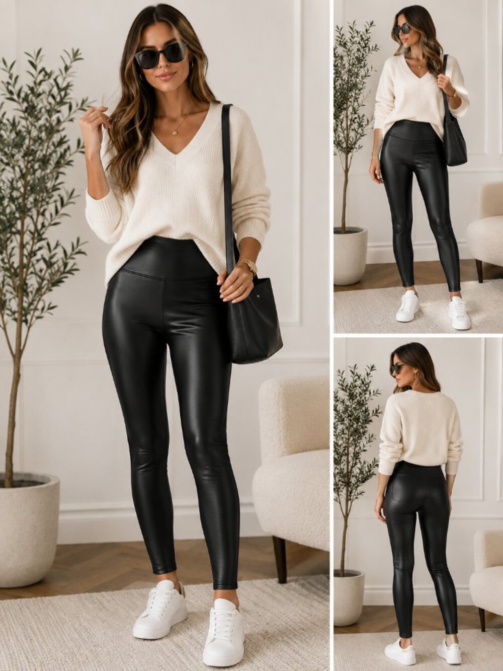 SPANXshape Faux Leather Leggings Very Black High Rise Shaping Pull-On Pants Med.